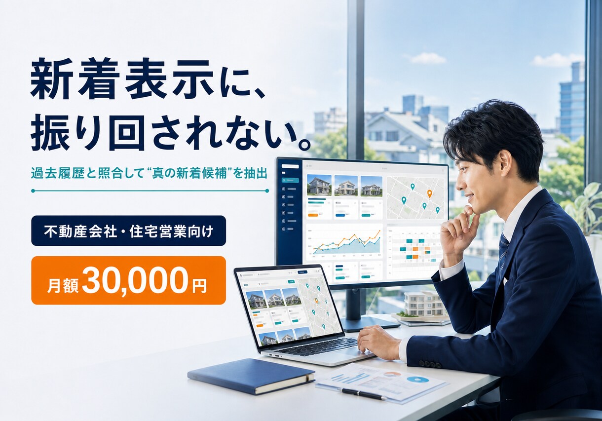 新着物件を見つけやすい検索画面を提供します 対象エリア全体から初回確認日・駅徒歩で絞り込み イメージ1