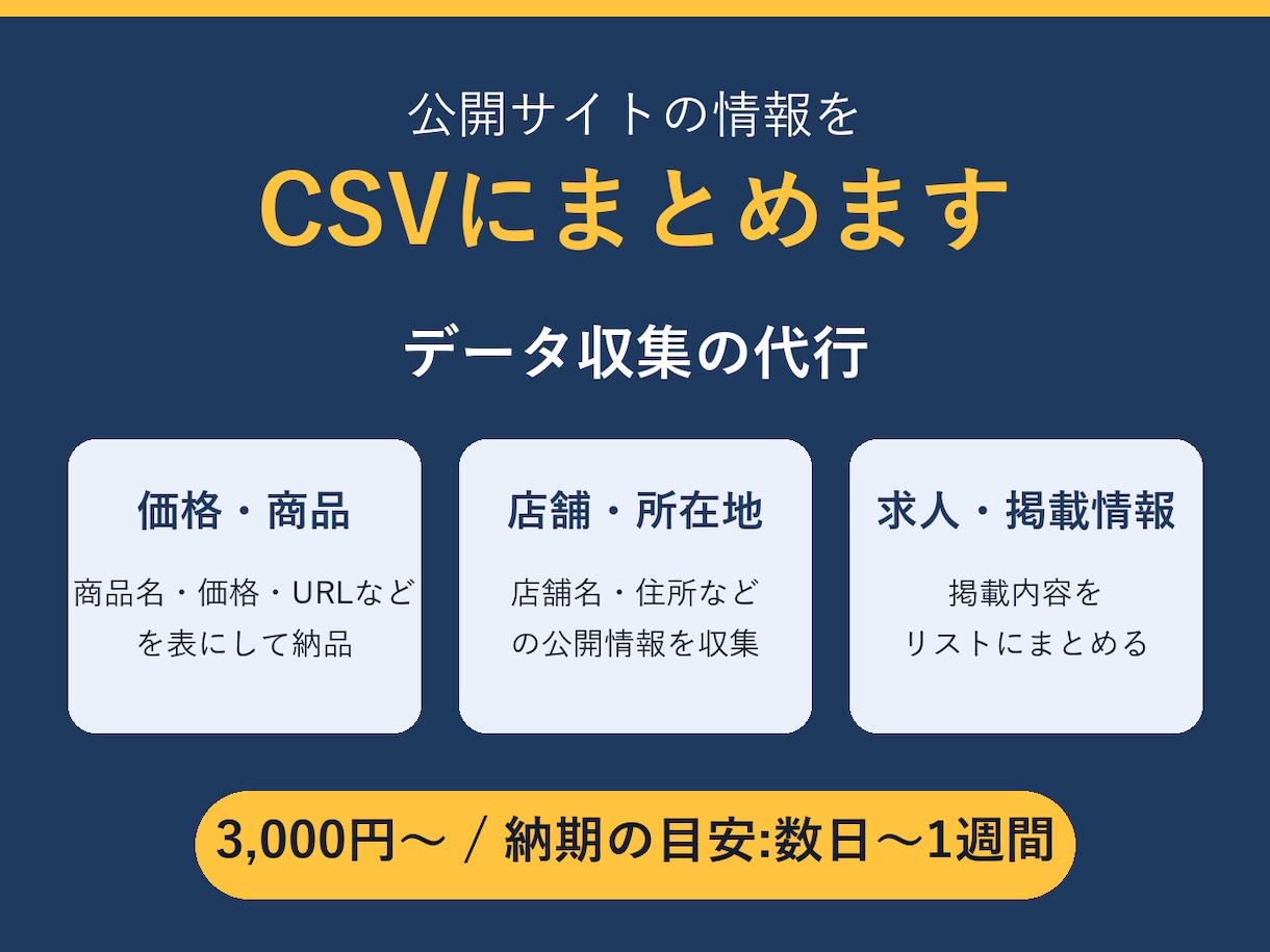 公開サイトの情報を収集しCSVにまとめます 価格・店舗・求人などの情報を、表にして納品します イメージ1