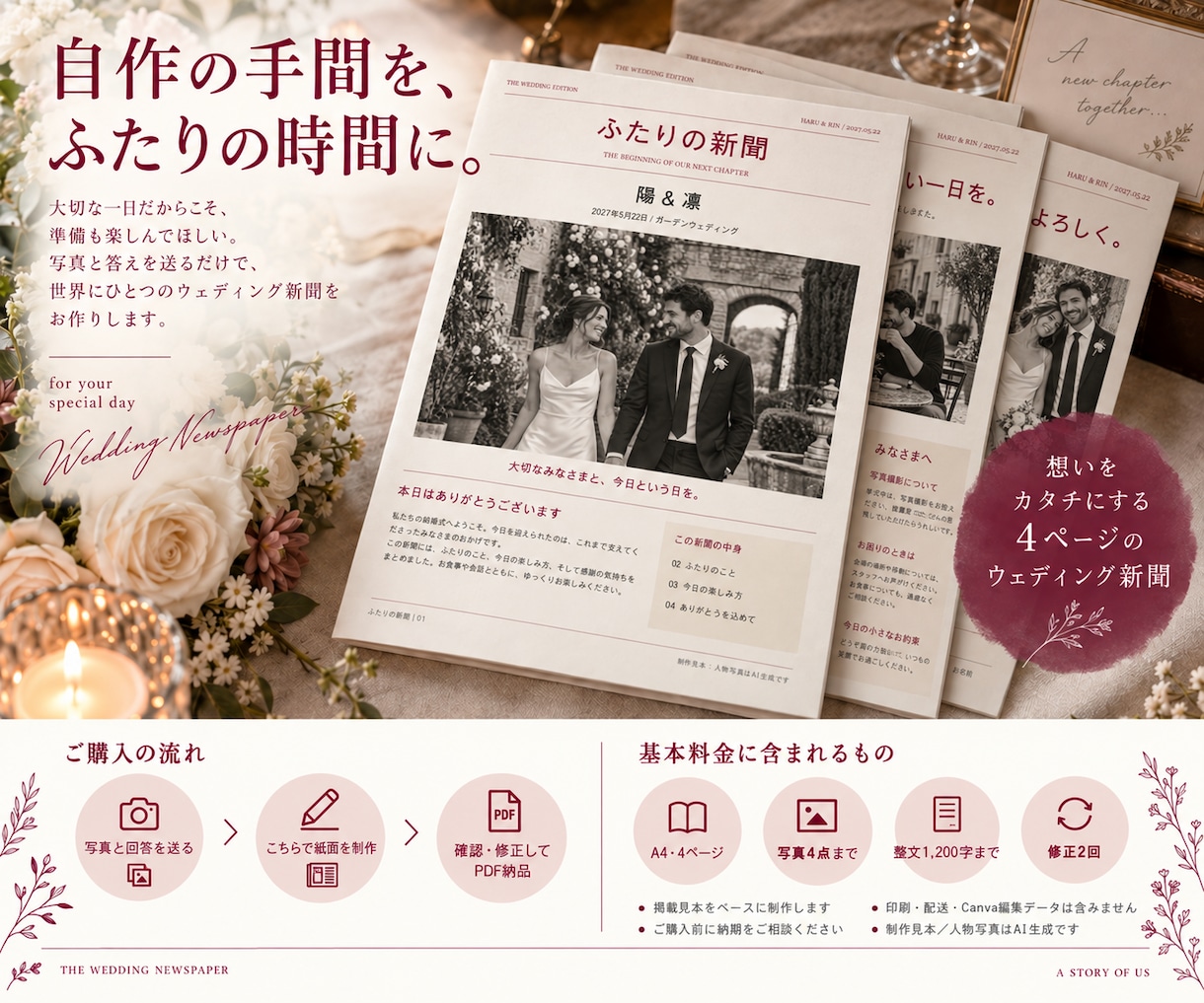 写真と文章で日本語の結婚新聞4ページを作ります 自作の手間を減らして、おふたりらしい一冊へ。PDF納品 イメージ2