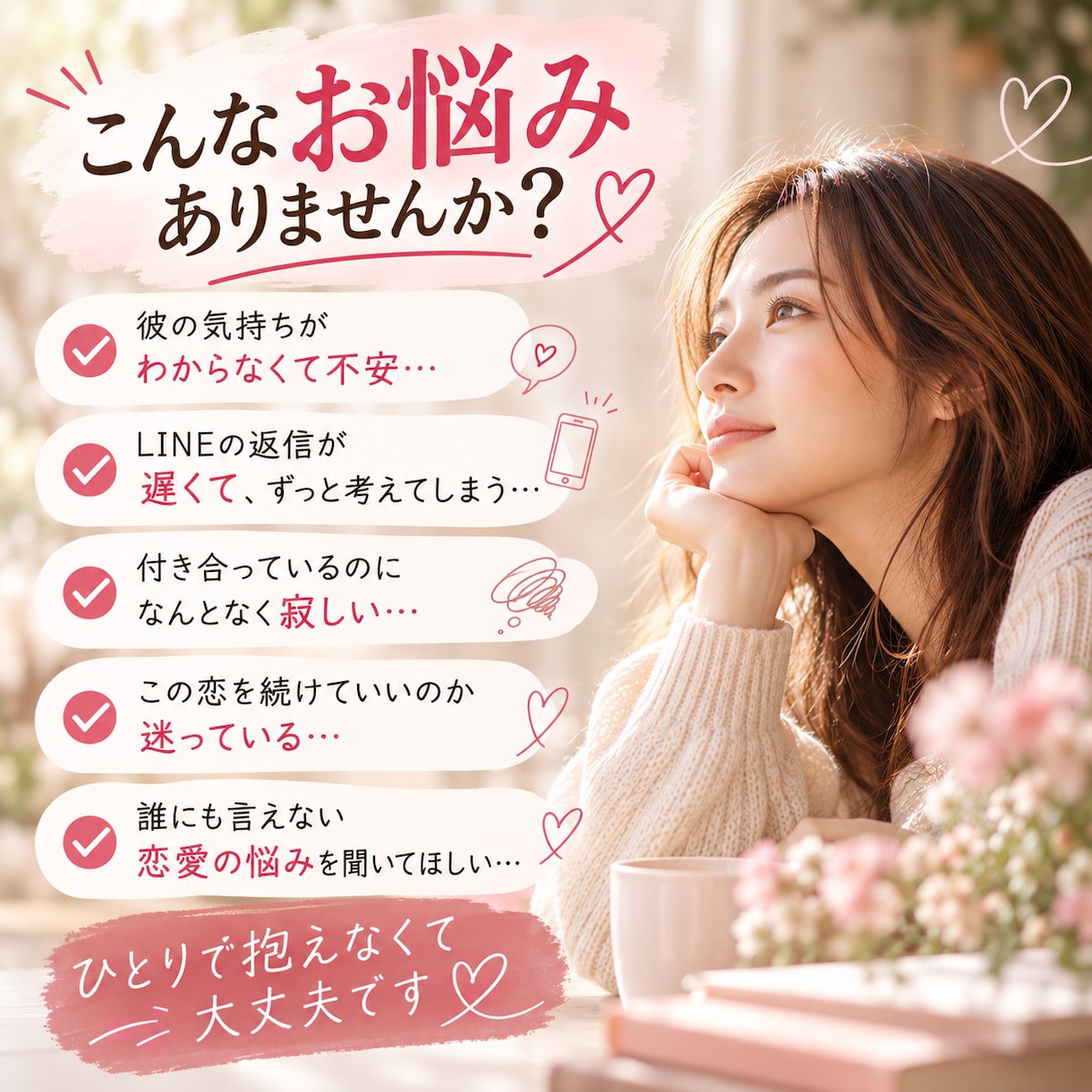 恋愛の悩みや不安を優しくお聞きします 彼の気持ち・連絡・この恋を続けるか…一緒に整理します イメージ2