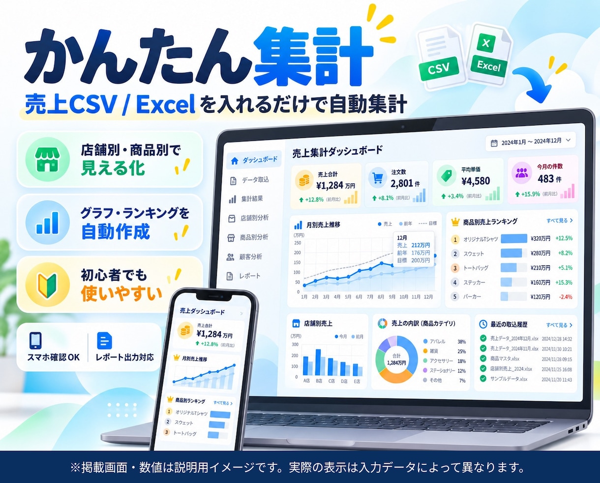 店舗・ECの売上CSV・Excelを自動集計します 店舗別・商品別の売上と月次推移をグラフで見える化 イメージ1
