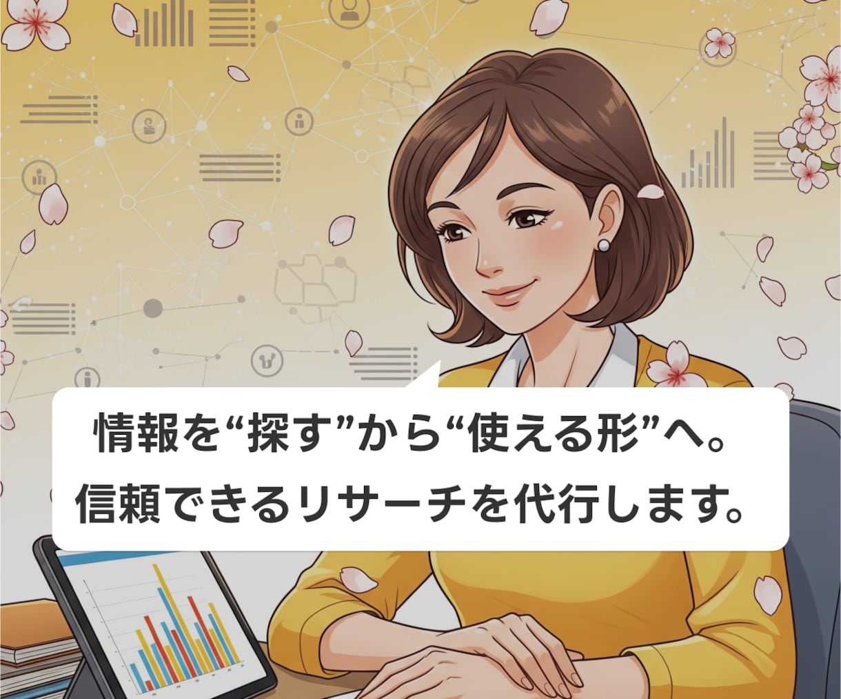 暮らしやお仕事に役立つリサーチ、代わりにいたします 調べる手間をなくし、すぐ使える整理された情報をお届けします！ イメージ1