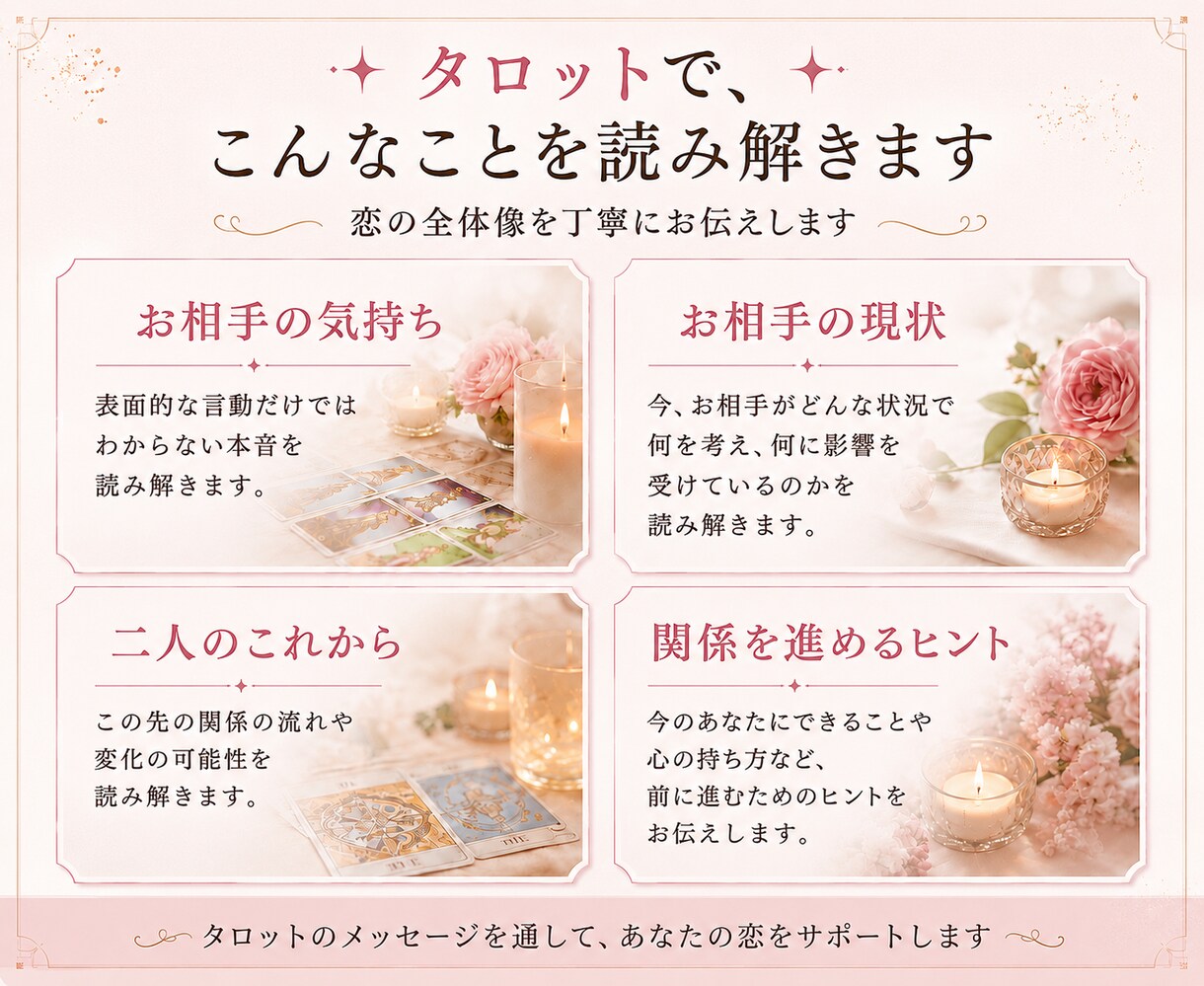 恋愛相談｜相手の本音・今後・片思い・復縁を占います 相手の気持ちや二人の今後を、カード枚数無制限で丁寧に深掘り イメージ3