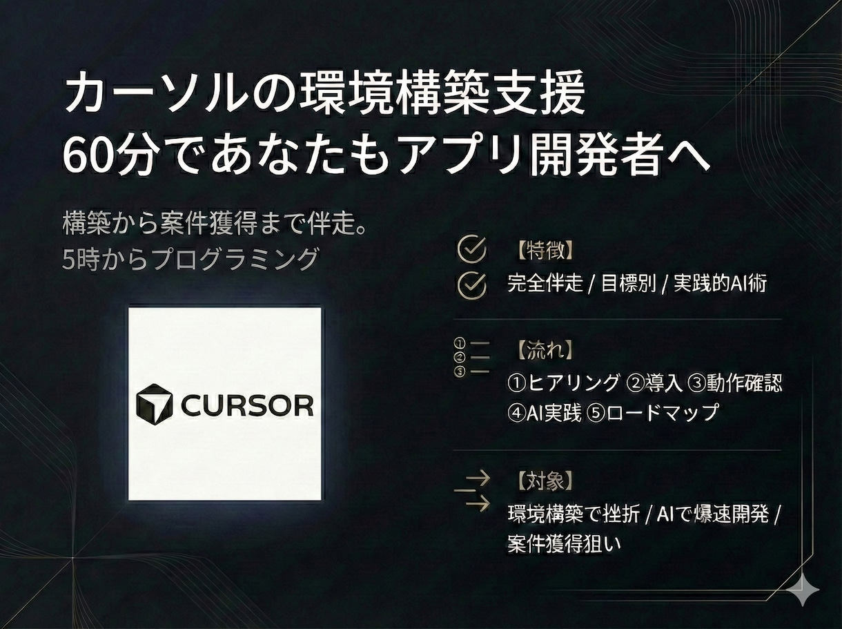 AI（Cursor）環境構築を伴走支援します 60分で完了！環境を整えてアプリ開発や案件獲得の第一歩を イメージ1