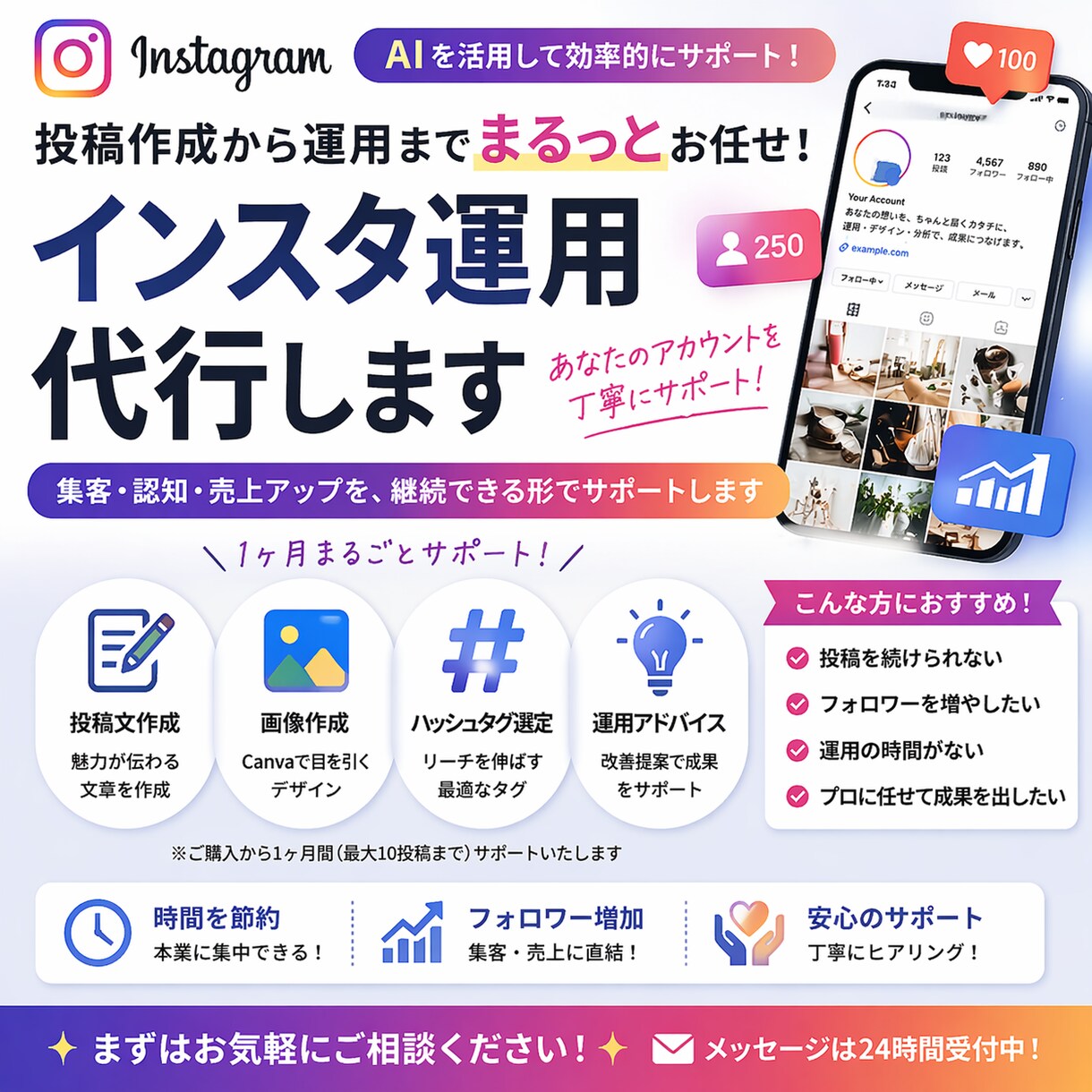 インスタ投稿をAIで作成＆運用サポートします インスタ投稿をAIで作成＆運用をサポート イメージ1