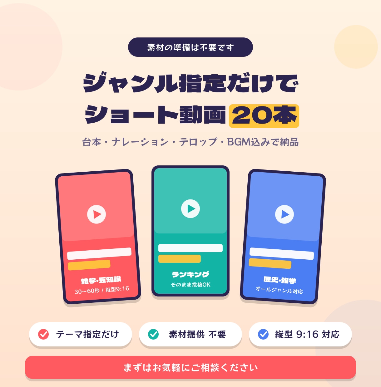 指定ジャンルのショート動画を20本作ります ジャンル指定だけでOK｜縦型ショート動画を20本まとめて制作 イメージ1