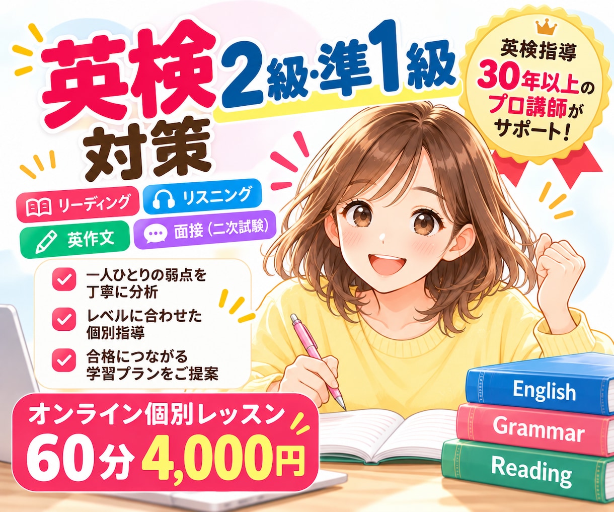 英検2級・準1級の合格をサポートします 4技能の弱点を分析！一人ひとりに合った対策で合格へ イメージ1