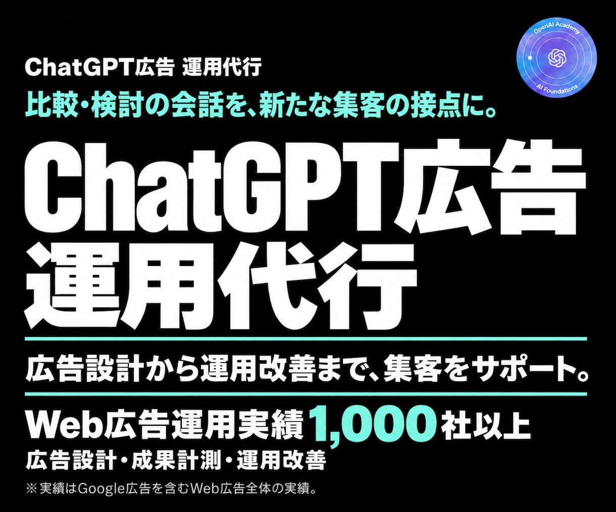 ChatGPT広告の初期設定から運用まで代行します Google広告運用実績1,000社以上。新しい集客支援を。 イメージ1