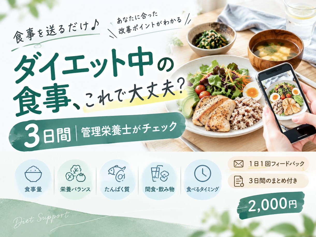 3日間、管理栄養士があなたの食事をチェックします 食事を送るだけ♪あなたに合った改善ポイントをお伝えします イメージ1