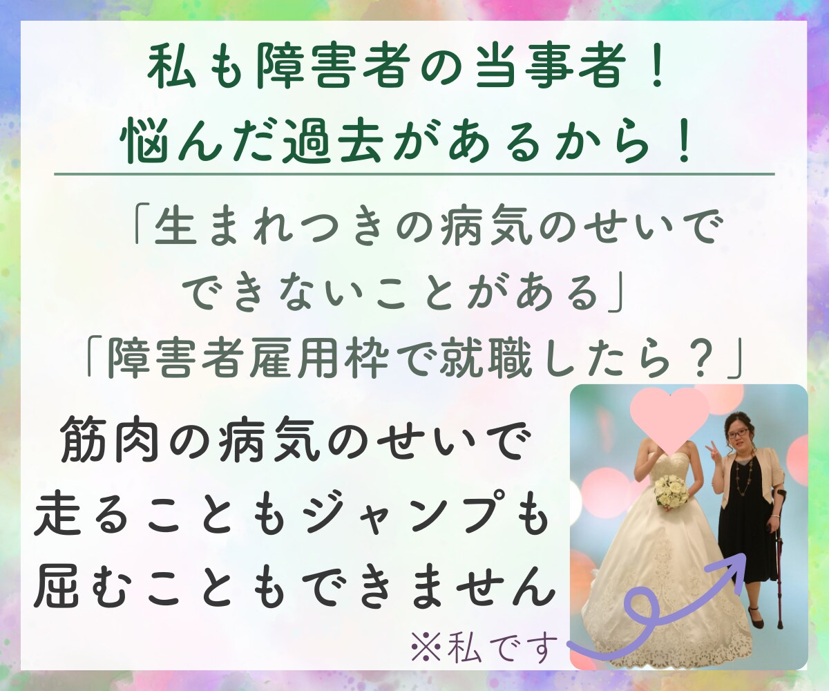 生まれつき障害者の当事者が障害者のお悩み聞きます ２歳で障害がわかり高校まで普通学校へ高卒で障害者雇用で就職！ イメージ4