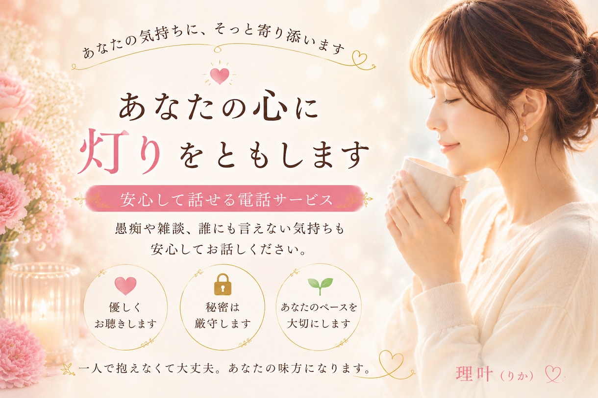 誰にも話せない悩みを優しくお聴きします 泣いてしまっても大丈夫。安心してお話しください。 イメージ1