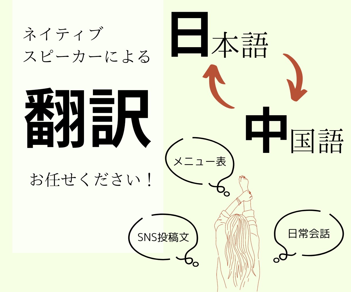 中↔︎日。柔軟に翻訳いたします SNSの投稿文、日常会話、メニュー表などの翻訳ができます。 イメージ1