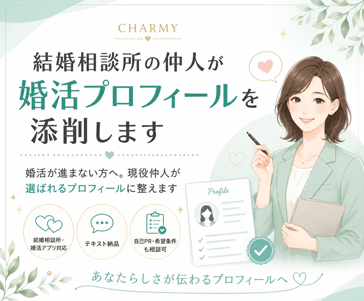 結婚相談所の仲人が婚活プロフィールを添削します 婚活が進まない方へ。現役仲人が選ばれるプロフィールに整えます イメージ1