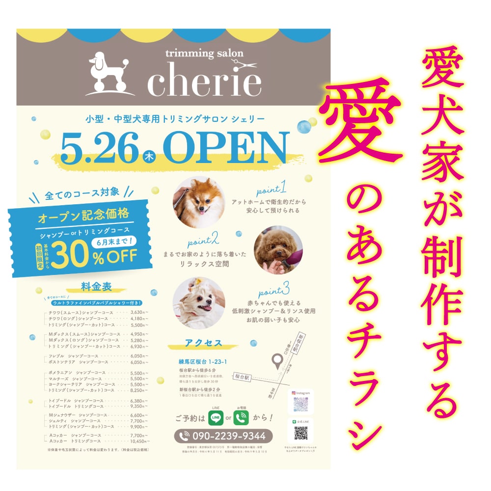 トリミングサロンのチラシ、魅力たっぷり作成します ワンちゃんが大好きデザイナーが作る愛犬家のことを考えたチラシ イメージ1