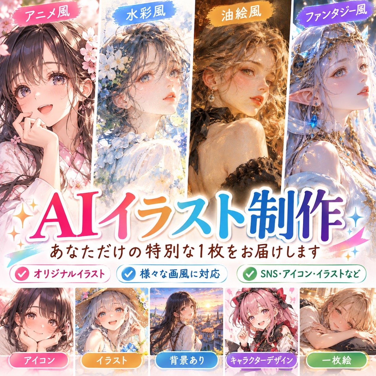 多彩な画風でオリジナルAIイラストを制作します アニメ風・水彩画風・油絵風に対応！商用利用可・背景透過可 イメージ1