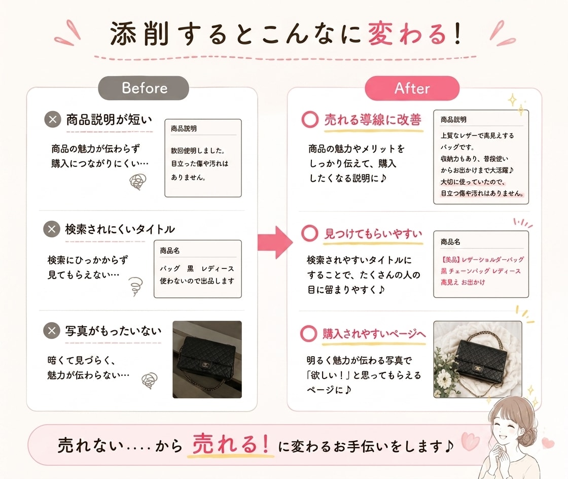 １週間チャットし放題！メルカリ添削します 元物販講師。300名以上添削経験で売れない原因を具体的に改善 イメージ3