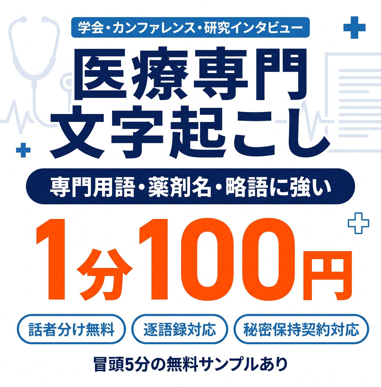 医療分野に強い文字起こしを提供します 学会・カンファ・研究インタビュー｜専門用語に強い イメージ1