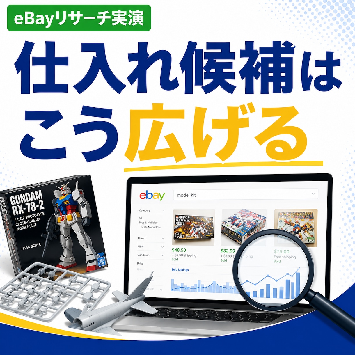 eBay商品候補の広げ方を動画で解説します プラモデルを例に、eBayリサーチの広げ方が分かる動画です イメージ1