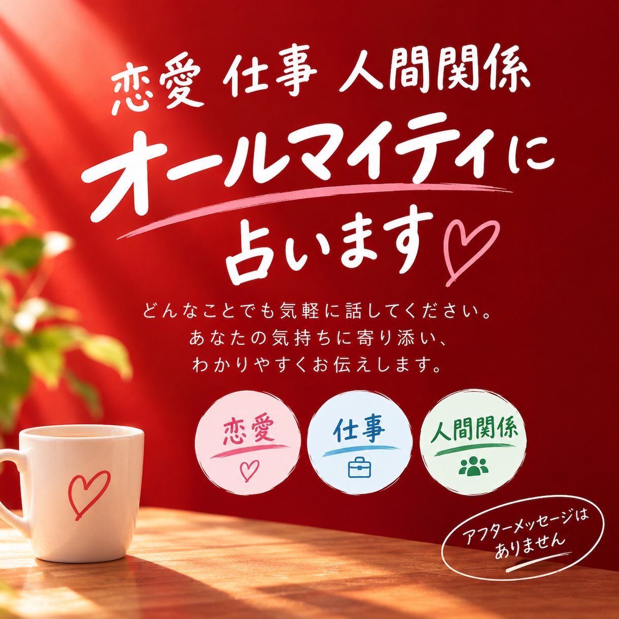 恋愛、仕事、人間関係などオールマイティに視ます アフターメッセージがないためにリーズナブルになっております イメージ5