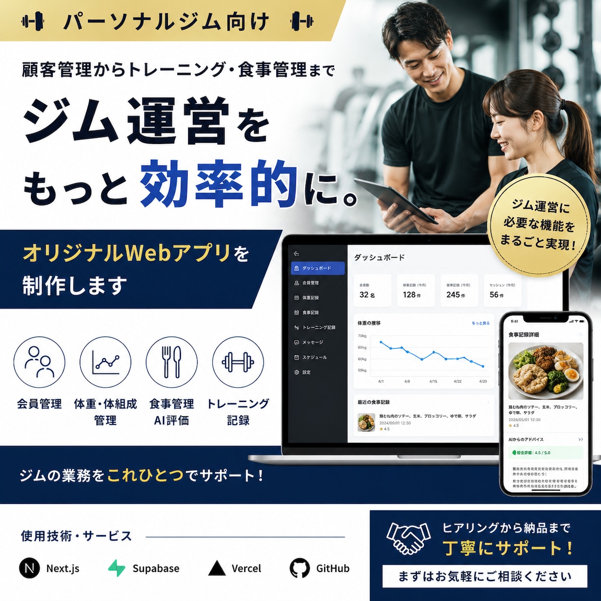パーソナルジムでのオリジナルの自社アプリ作成します 自社でのサービス価値を上げてくれるアプリを作成します。 イメージ1