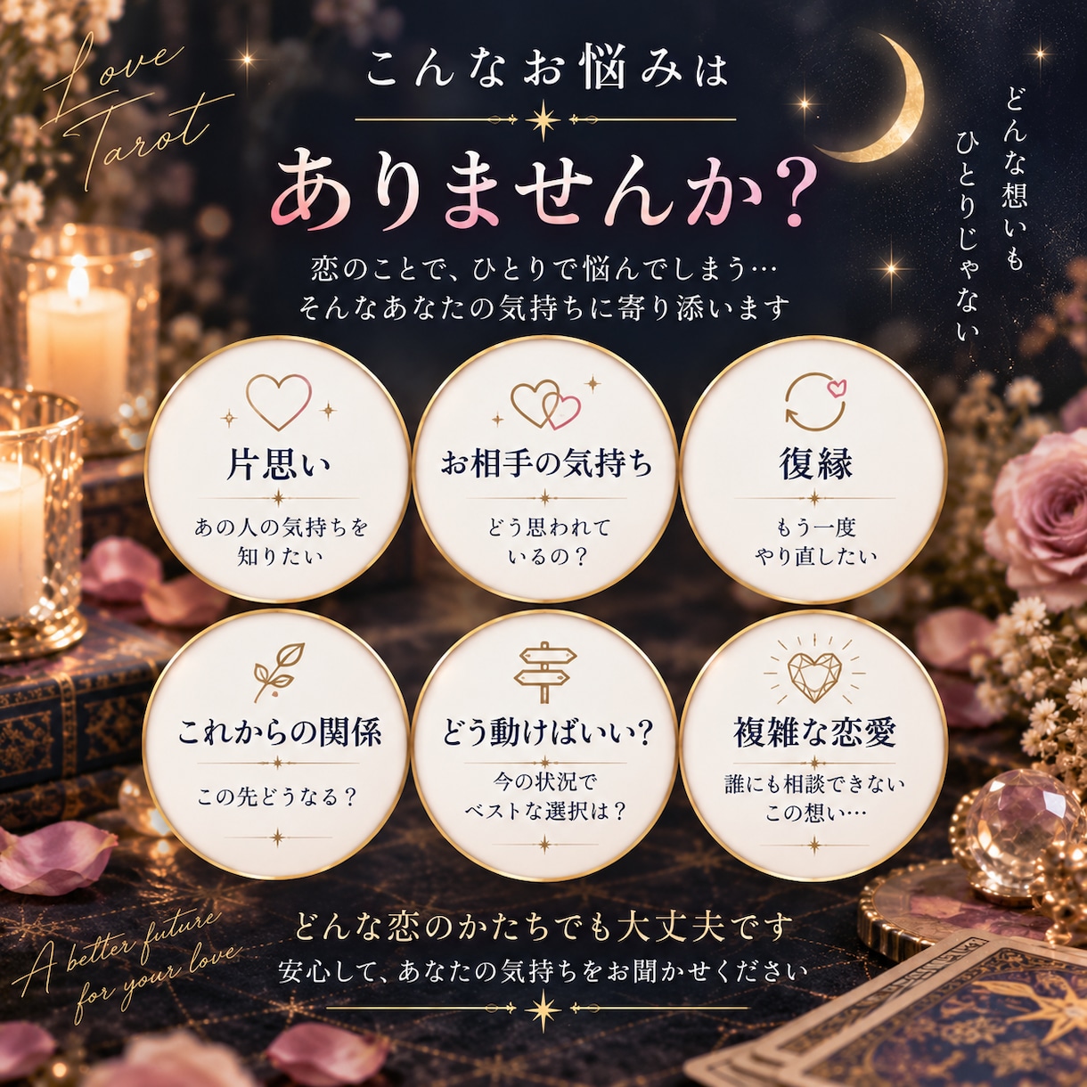 生年月日とタロットで恋愛のお悩みを鑑定します 恋愛のお悩みに寄り添い心を込めて丁寧に鑑定いたします。 イメージ2