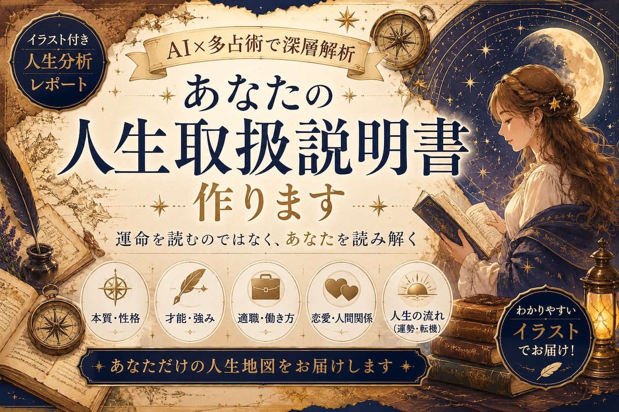 多占術で人生を深層解析します あなたの本質、才能、運命の流れをイラストで紐解きます。 イメージ1