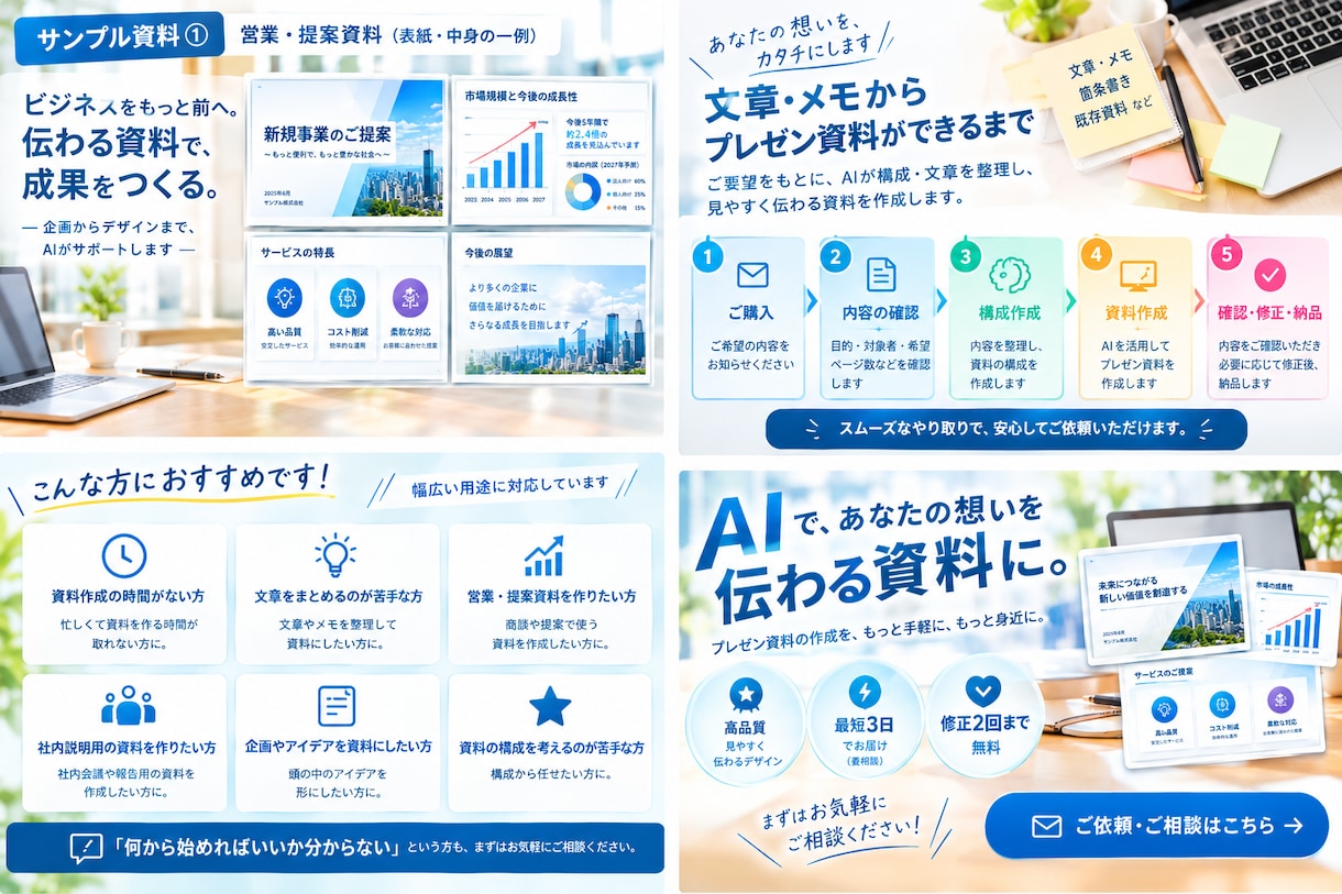 AIで伝わるプレゼン資料を作成します 文章・メモから伝わる資料をAIで作成します イメージ2