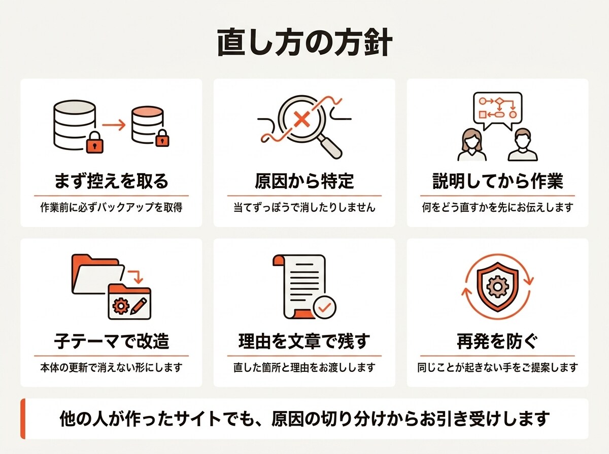 WordPressの不具合を復旧・修正します 白い画面・500エラー・ログイン不可・表示崩れに対応 イメージ3