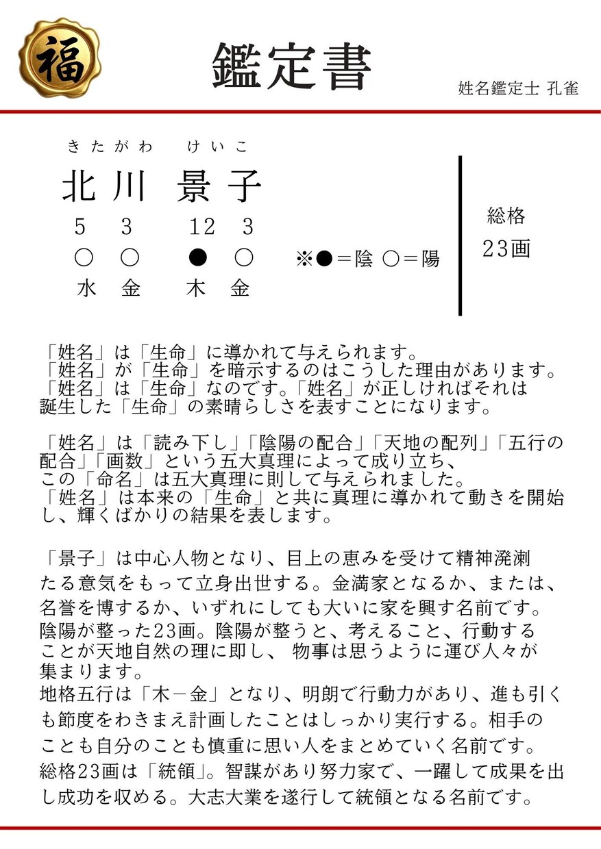 命名｜ご希望の「漢字」を活かしてお名前を考案します 陰陽五行説・気学・易経で整ったお名前を3日以内にご提案します イメージ5