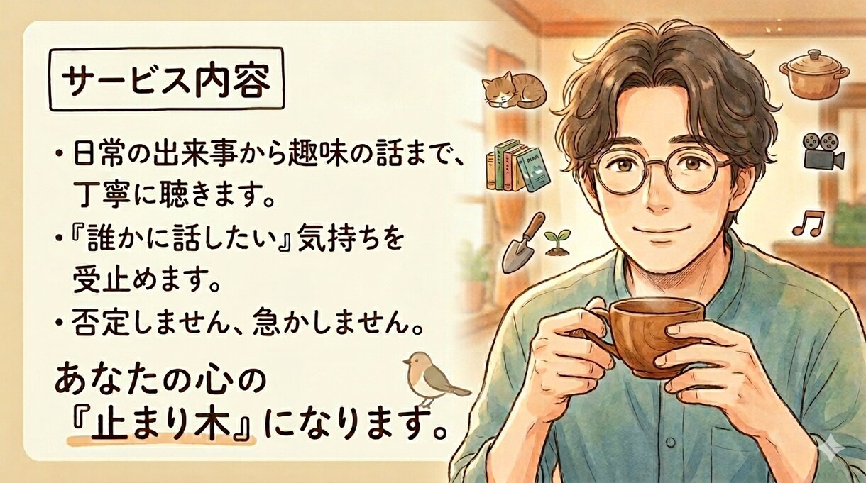 友達に話すほどでもない、小さな好奇心を受け止めます 日常の出来事から趣味の話まで。「誰かに話したい」を受止めます イメージ1