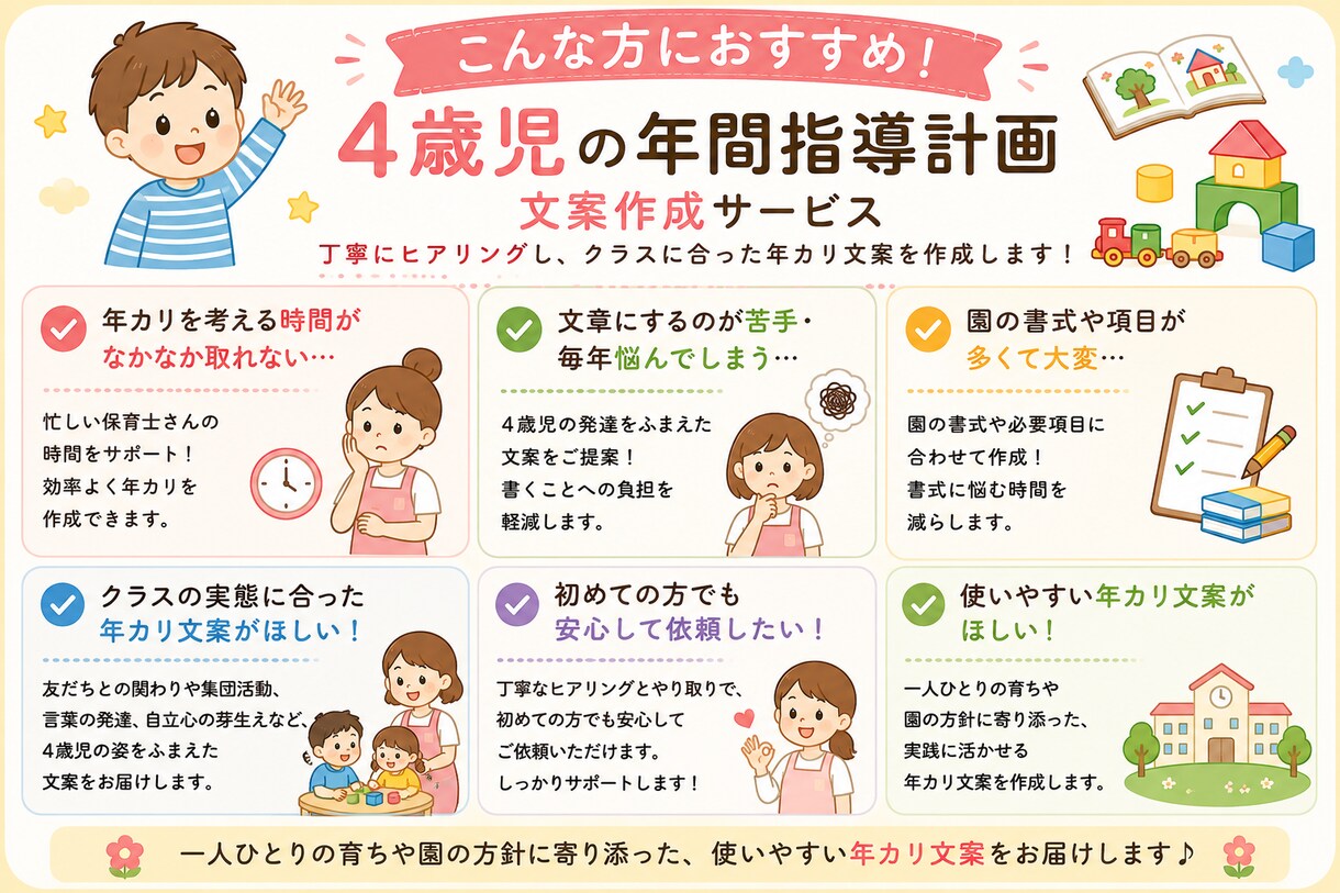 4歳児の年間指導計画を作成します 4歳児の発達やクラスの姿に合わせて年カリ文案を丁寧に作成 イメージ3