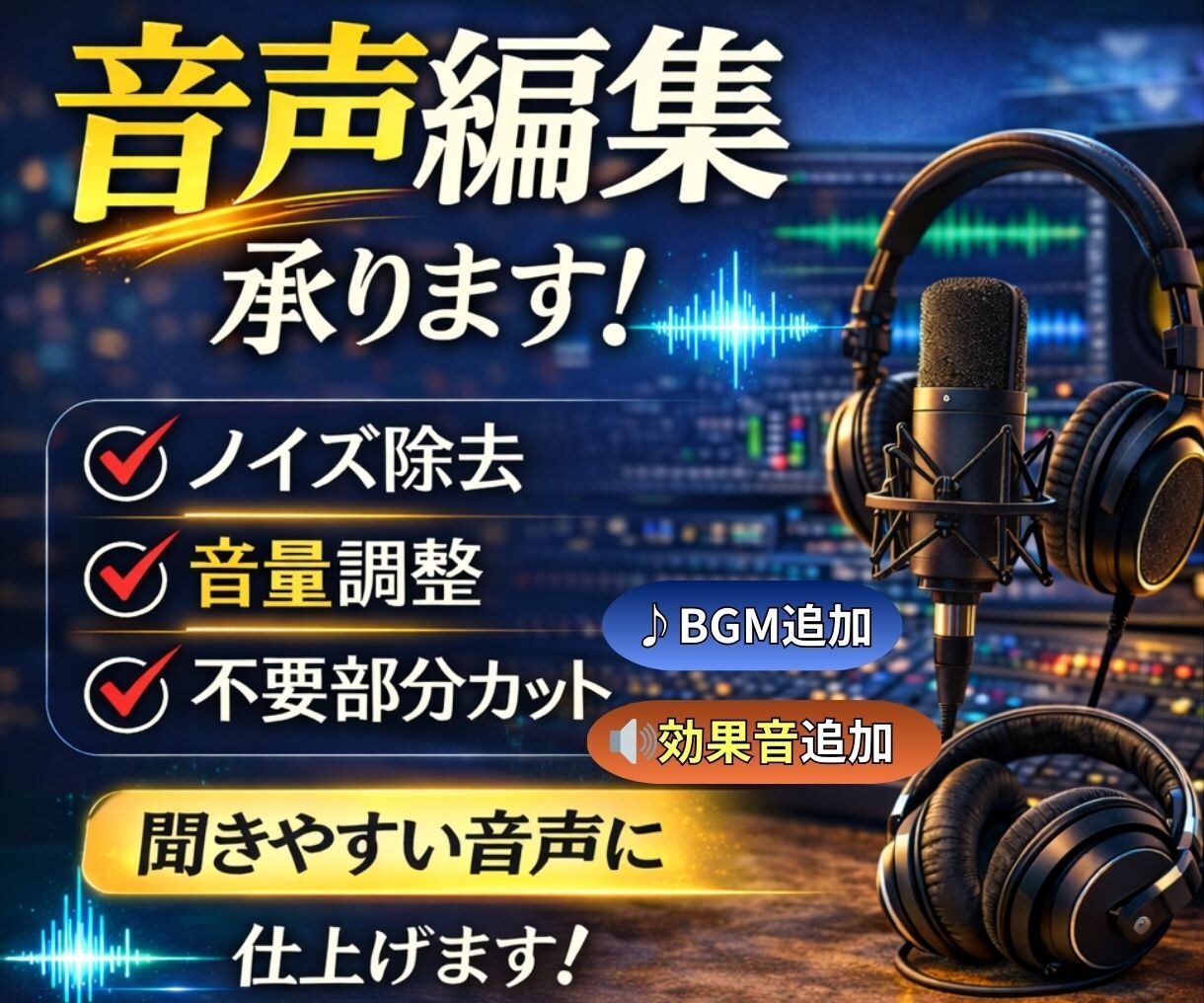 音声コンテンツ用の音声編集します 音声コンテンツのノイズ除去・音量調整・BGM効果音対応etc イメージ1