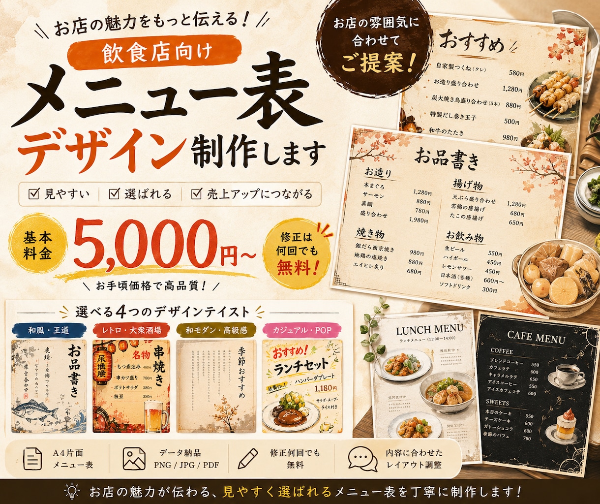 お客様が注文したくなるメニュー表、作ります 5,000円から、お店の印象が変わるメニュー表を作ります イメージ1