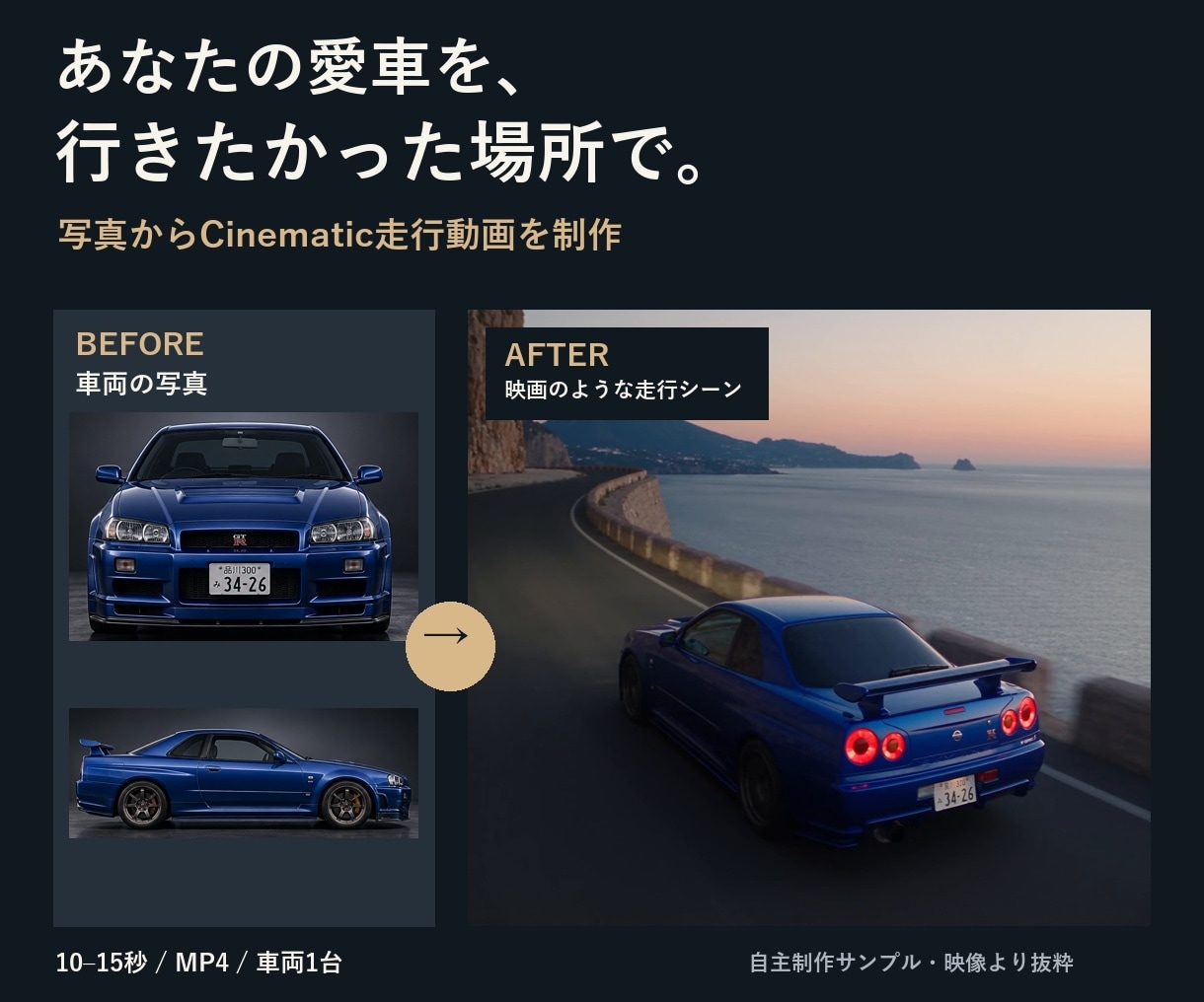 愛車の写真から映画のような走行動画を制作します あなたの愛車を、行きたかった場所で。 イメージ1