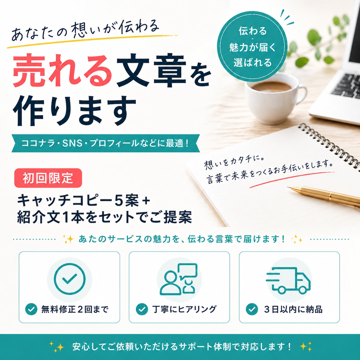 初回限定・キャッチコピー5案+紹介文作成します あなたの想いが伝わる、売れる文章を作ります イメージ1