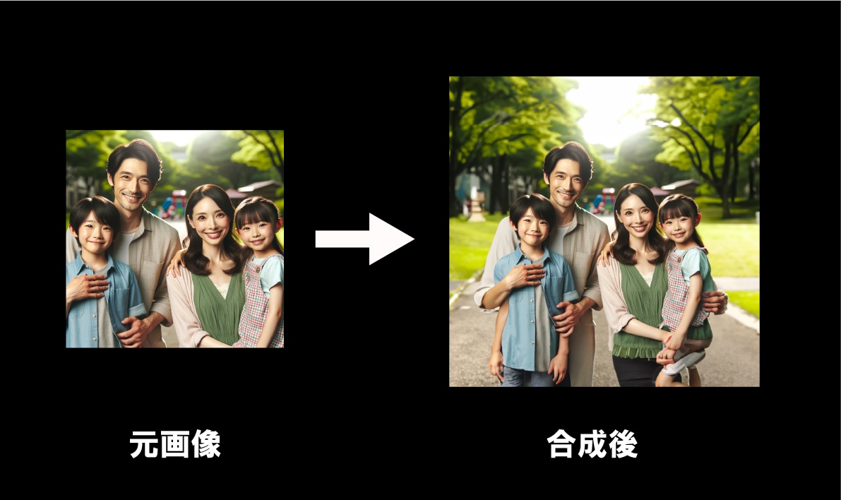 写真の写っていない外側を合成します 存在しない部分を合成して違和感なくサイズ調整します。 イメージ1