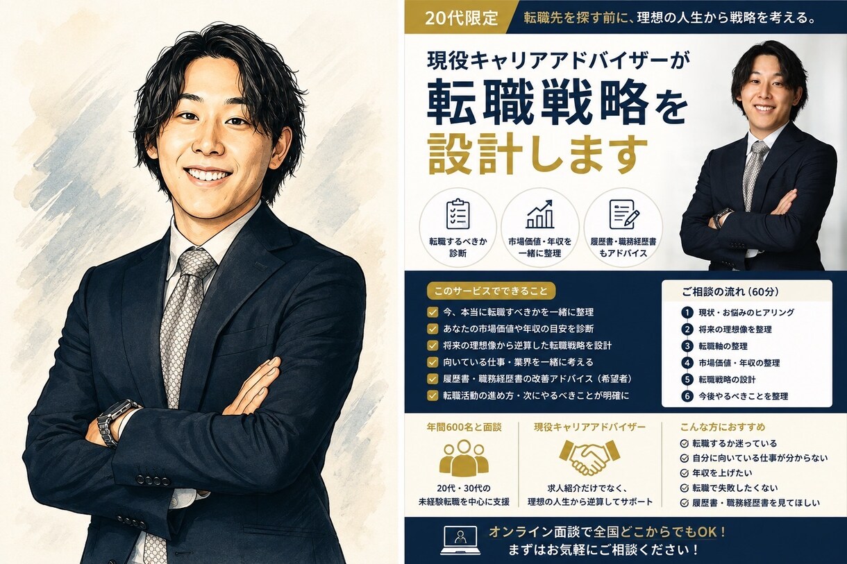 20~30代限定/転職戦略を設計します 転職先を探す前に、理想の人生から「転職戦略」を一緒に考えます イメージ2