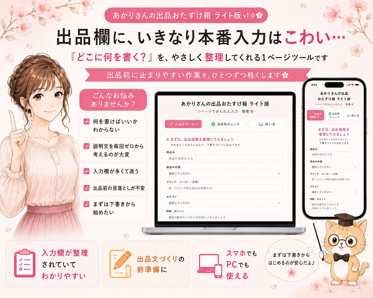 URLを開くだけでフリマ出品の世界へ飛び込めます 説明文づくりと出品前チェックができるかんたんキット イメージ3