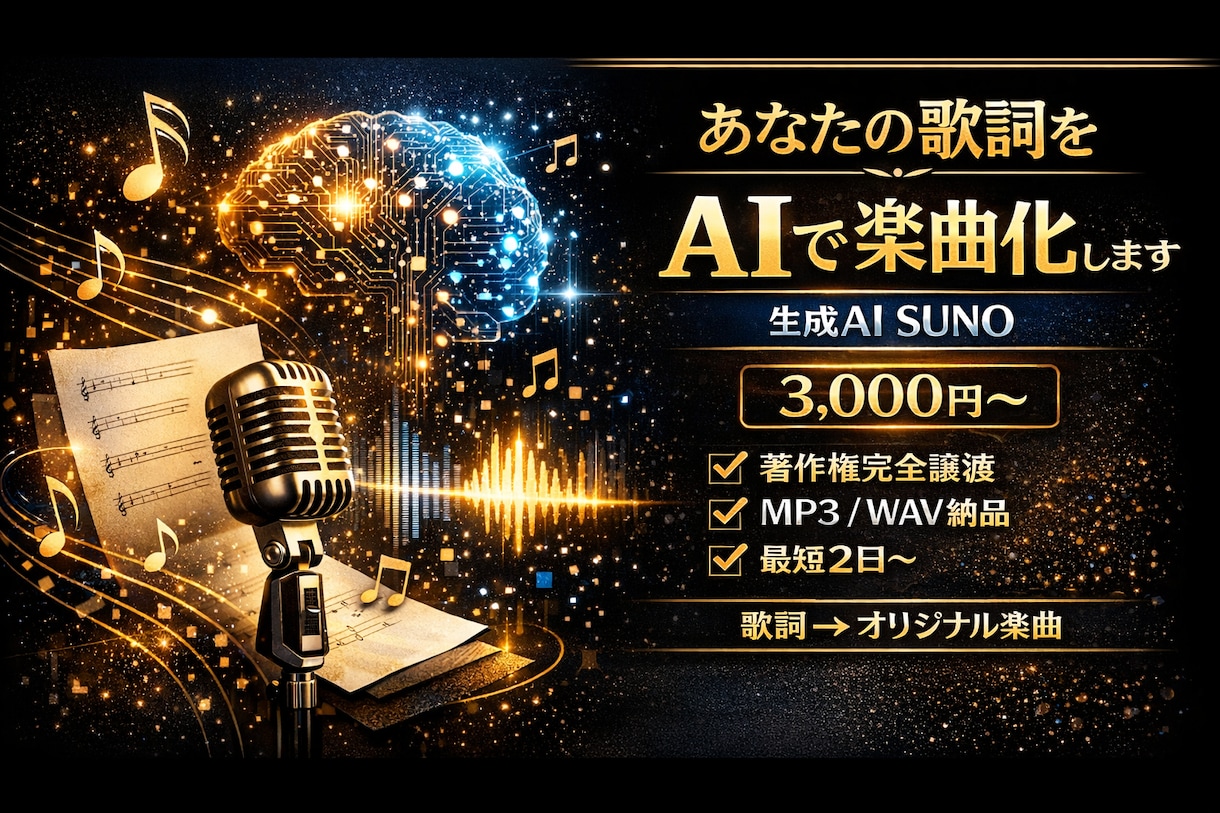 あなたの歌詞に生成AIのSUNOで曲をつけます 【著作権完全譲渡】あなたの歌詞をAIを使用して楽曲化します イメージ1