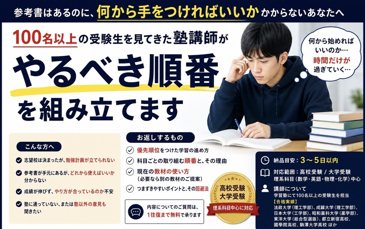 元塾講師が、受験勉強の進め方を一緒に整理します 「何から始めればいいか分からない」を、具体的な順番に変えます イメージ1