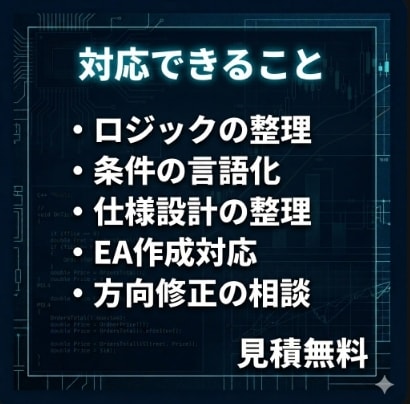複雑ロジックを言語化しEA作成します 曖昧な裁量判断を整理し、実装できる形へ落とし込みます イメージ3