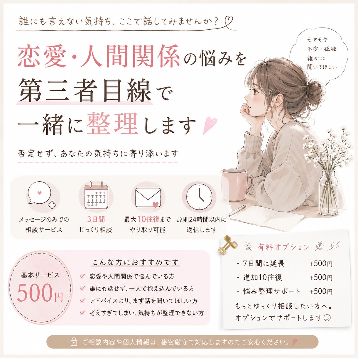 誰にも言えない悩み、メッセージでゆっくり聞きます 恋愛・人間関係で悩む方へ。第三者目線で一緒に整理します イメージ1