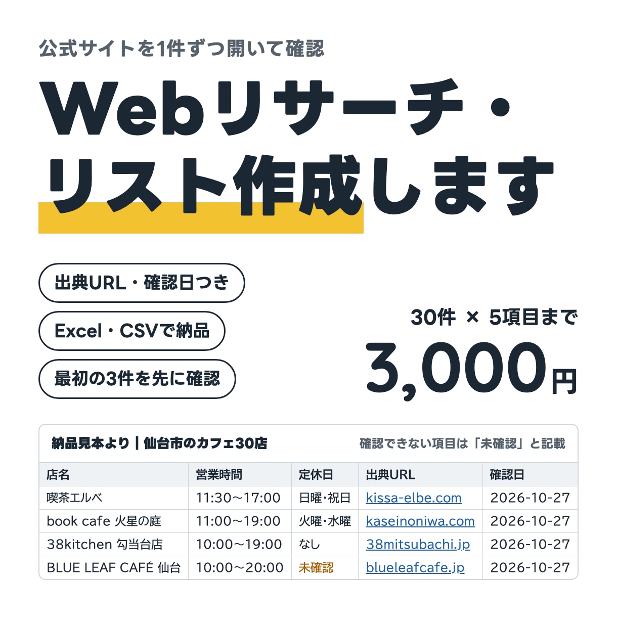 公開情報を調べてExcelの一覧にまとめます 30件3,000円〜｜出典URL・確認日つきで納品 イメージ1