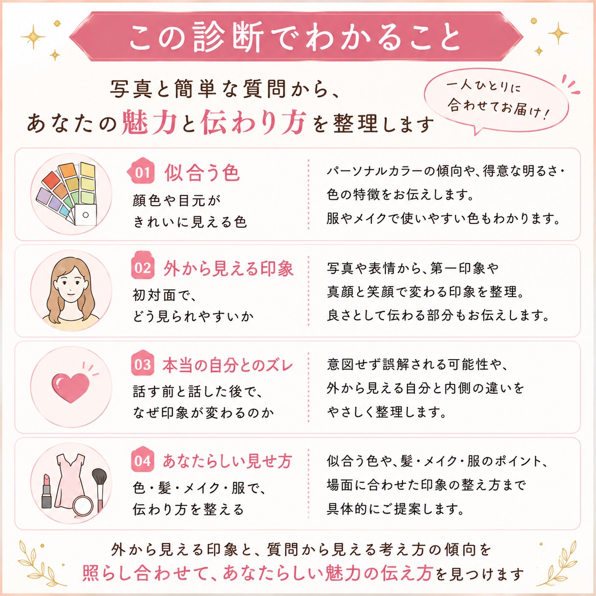 似合う色と外から見える印象を診断します 写真と質問から似合う色と見せ方を個別PDFで整理 イメージ2