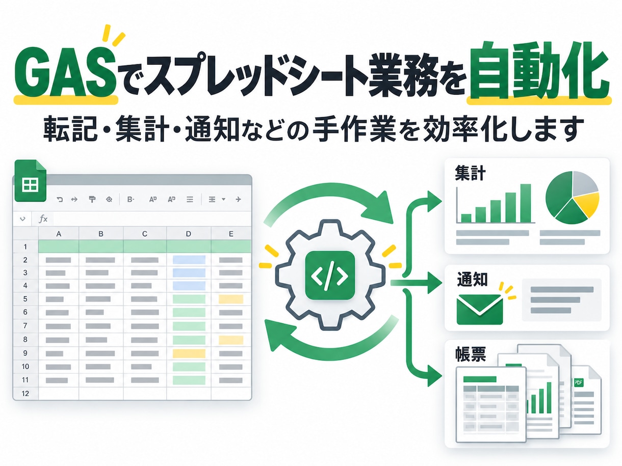 GASでスプレッドシート業務を自動化します 転記・集計・通知などの手作業を効率化します イメージ1