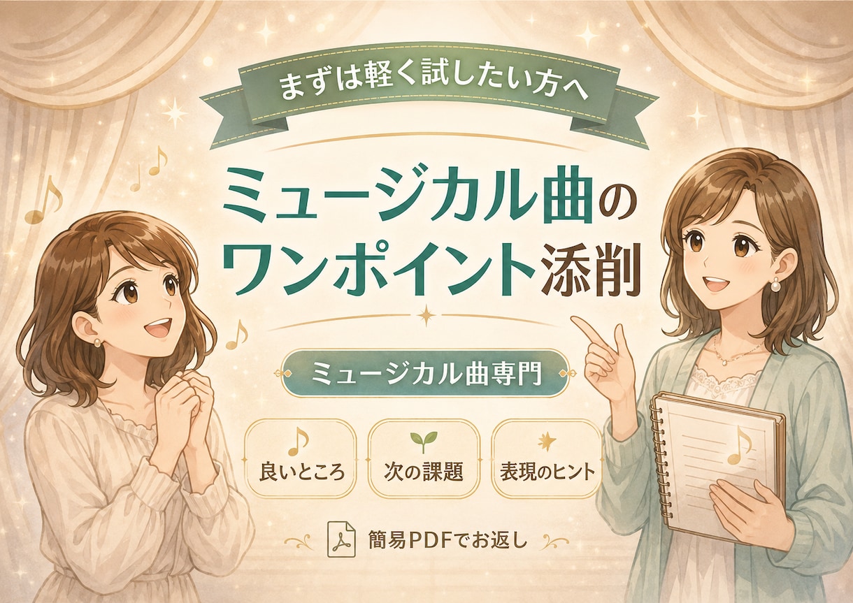 ミュージカルボイトレ｜歌い方ワンポイント添削します 歌唱音源をもとに良いところと改善ポイントをお伝えします イメージ1