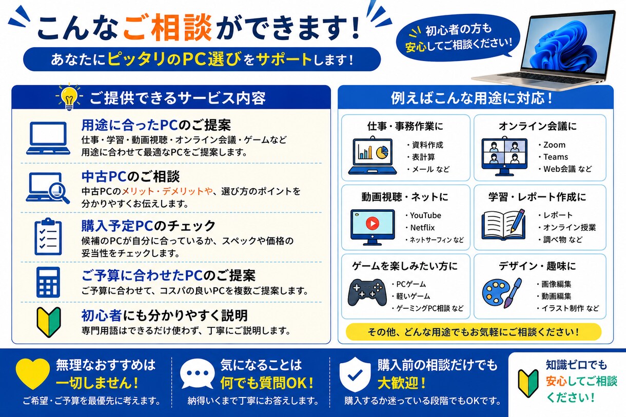 初心者向け中古PC購入相談します 用途や予算に合うPCを分かりやすく提案します イメージ2