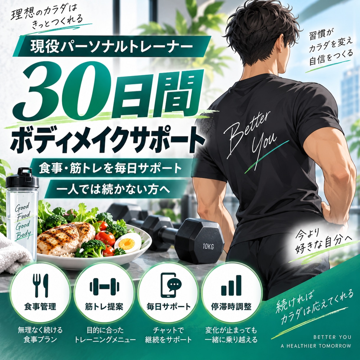 30日間食事と筋トレをサポートします 現役トレーナーが毎日個別に伴走します イメージ1
