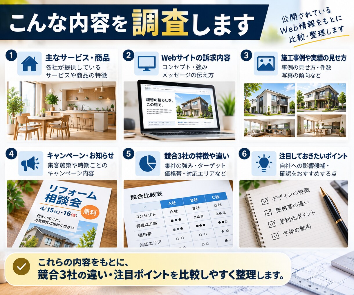 工務店・リフォームの競合3社を調査します 競合3社の違い・注目ポイントを比較しやすく整理 イメージ2