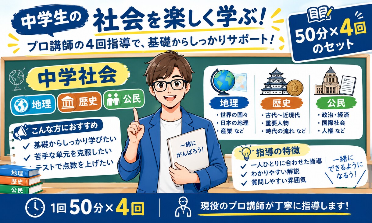 1回から可能。中学社会の指導をします 「50点未満の子」「つまずき解消」基本の解説重視！日曜日も可 イメージ4